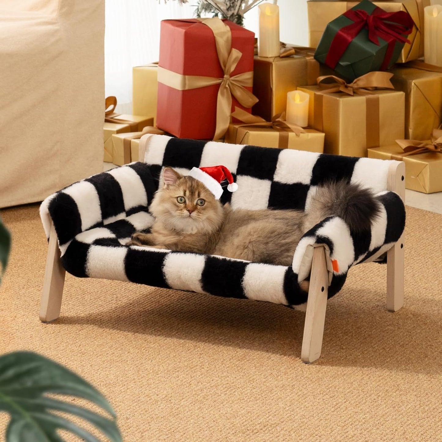 MEWOOFUN Raised Cat/Dog Bed With Wooden Legs. 15kg, 56x45cm Soft Checkerboard Couch With Removable Washable Cover.