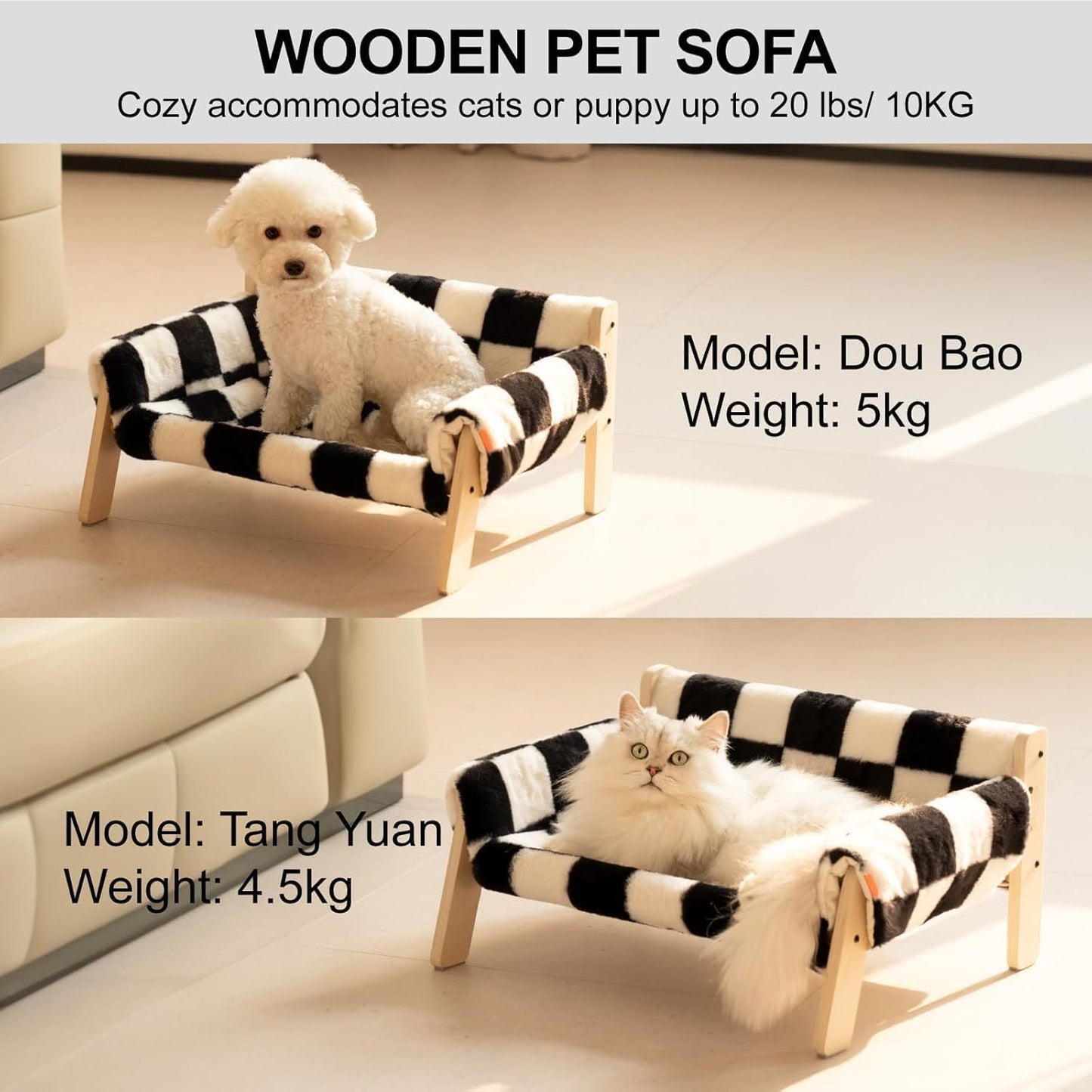 MEWOOFUN Raised Cat/Dog Bed With Wooden Legs. 15kg, 56x45cm Soft Checkerboard Couch With Removable Washable Cover.