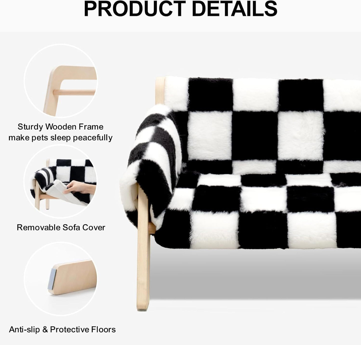 MEWOOFUN Raised Cat/Dog Bed With Wooden Legs. 15kg, 56x45cm Soft Checkerboard Couch With Removable Washable Cover.