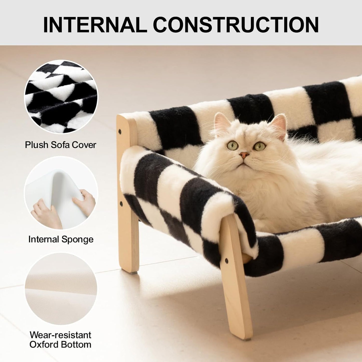 MEWOOFUN Raised Cat/Dog Bed With Wooden Legs. 15kg, 56x45cm Soft Checkerboard Couch With Removable Washable Cover.