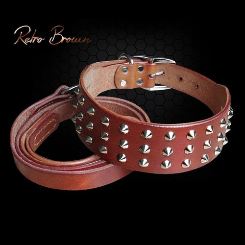 Cool Studded Genuine Leather Pet Dog Collars Leash.