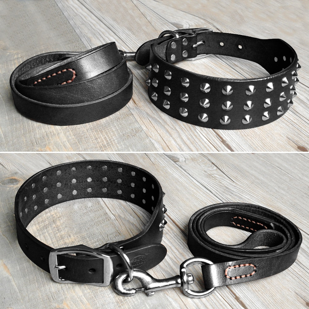 Cool Studded Genuine Leather Pet Dog Collars Leash.
