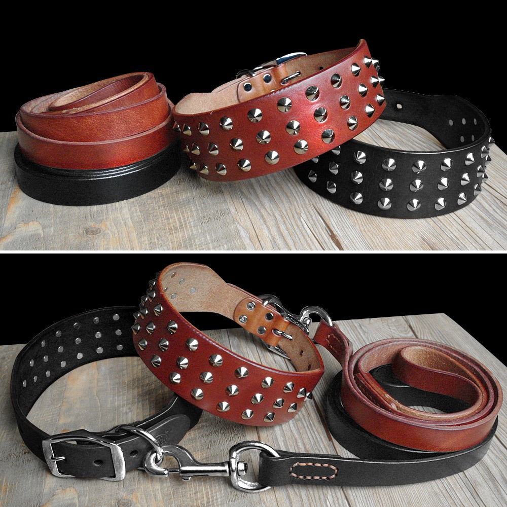 Cool Studded Genuine Leather Pet Dog Collars Leash.