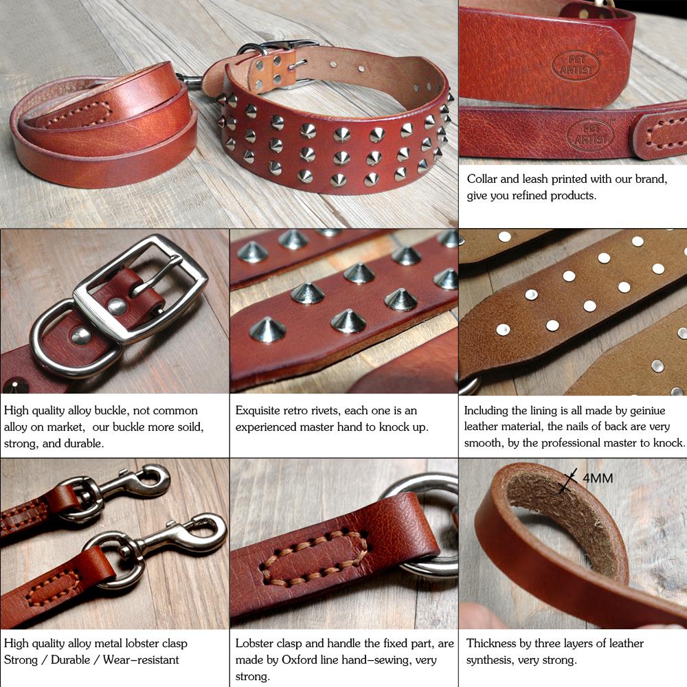 Cool Studded Genuine Leather Pet Dog Collars Leash.