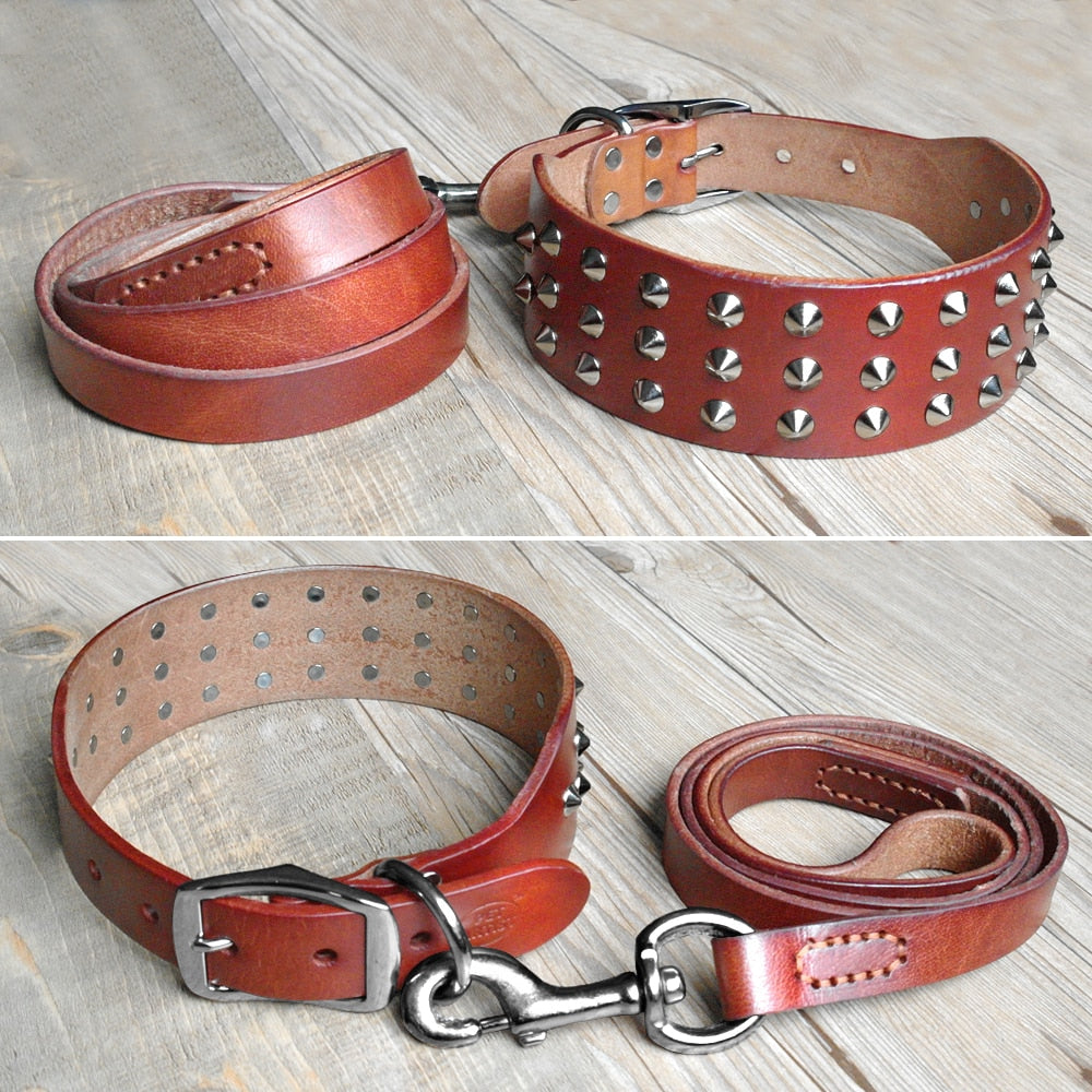 Cool Studded Genuine Leather Pet Dog Collars Leash.