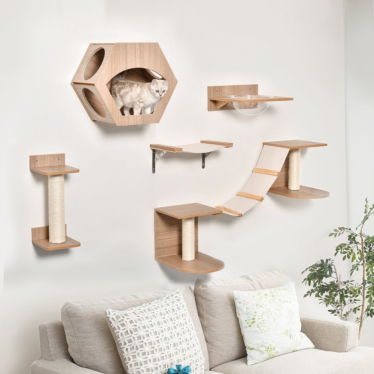 Cat Tree 5PCs Pet Wall-mounted Climbing Frame Shelf Set.