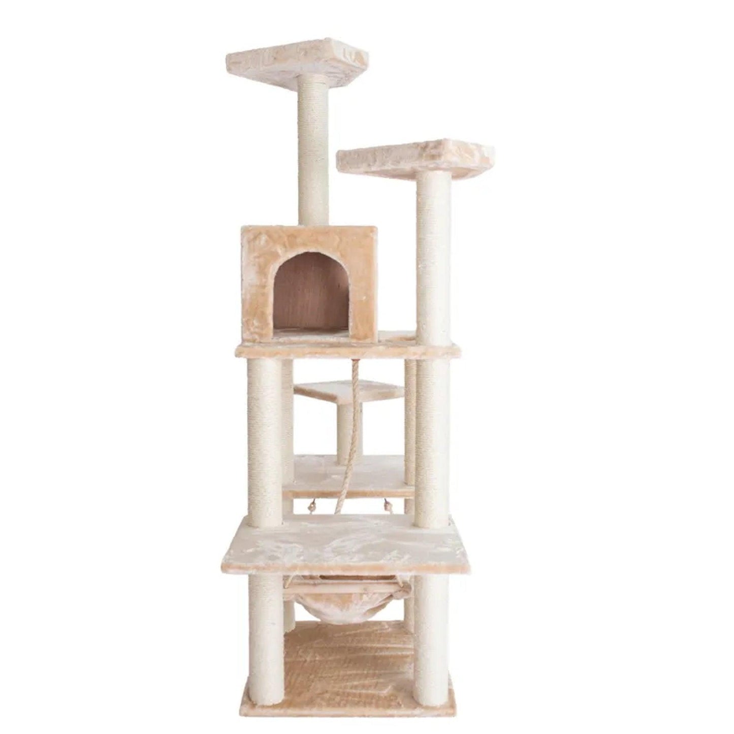 72" Beige Luxury Cat Tree with Hammock and Scratching Posts.
