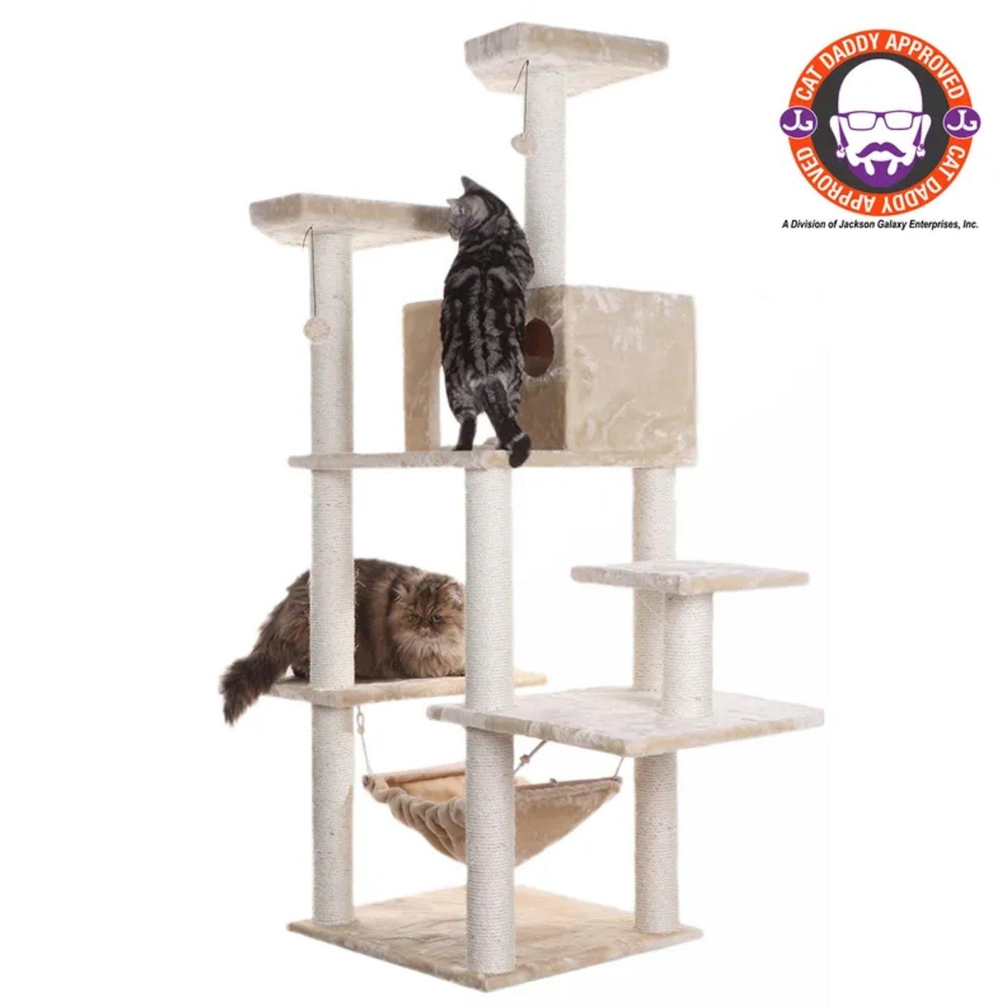 72" Beige Luxury Cat Tree with Hammock and Scratching Posts.