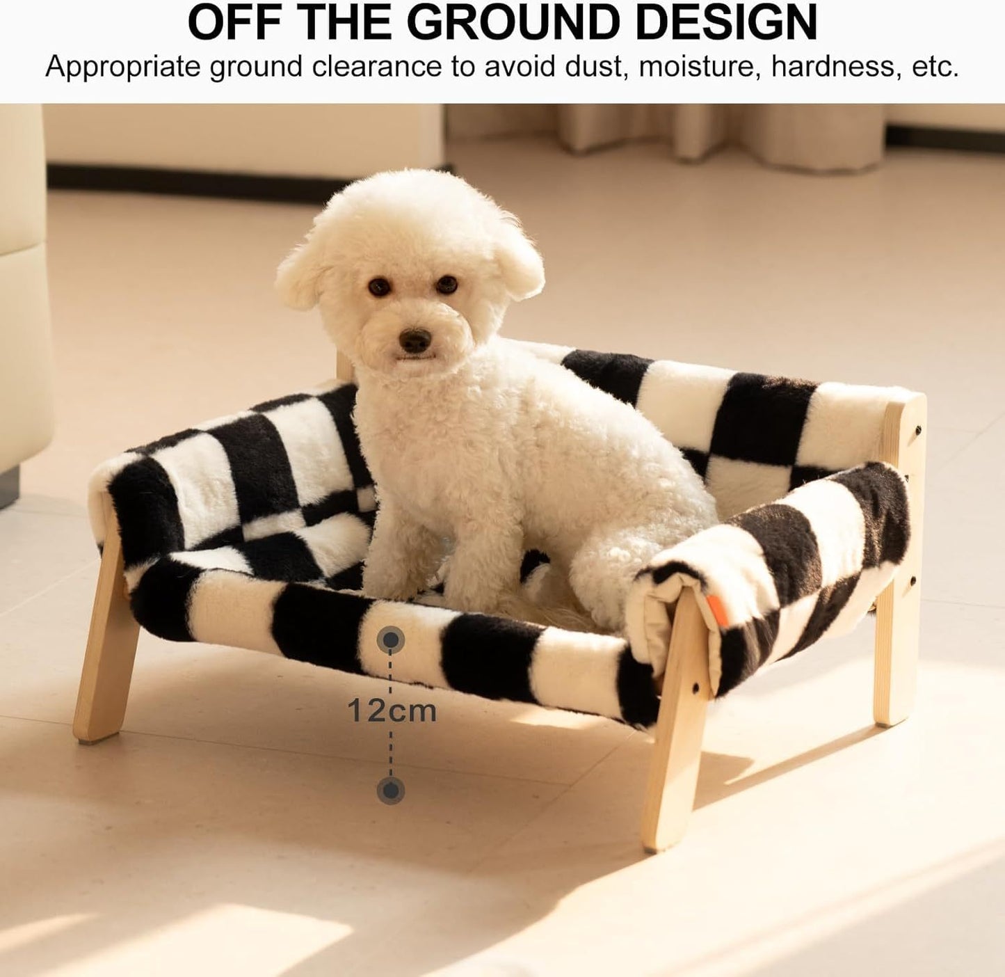 MEWOOFUN Raised Cat/Dog Bed With Wooden Legs. 15kg, 56x45cm Soft Checkerboard Couch With Removable Washable Cover.