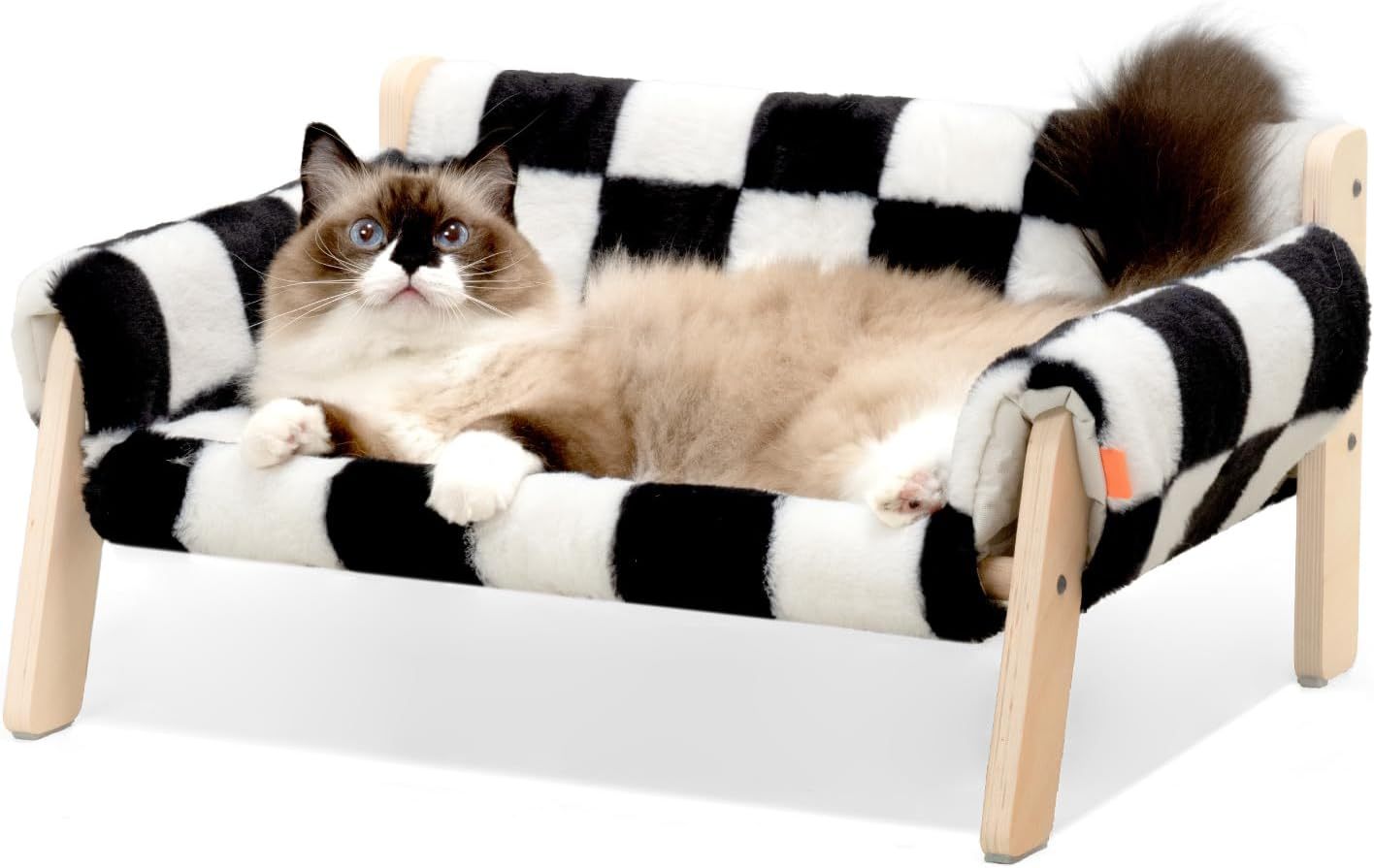 MEWOOFUN Raised Cat/Dog Bed With Wooden Legs. 15kg, 56x45cm Soft Checkerboard Couch With Removable Washable Cover.