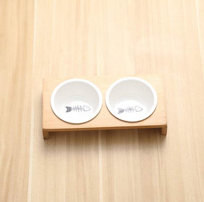 Stylish Bamboo And Ceramic Cat/Dog Feeder Bowls.