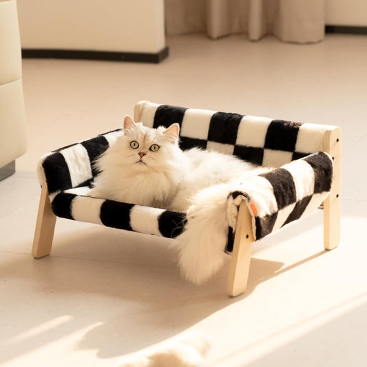 MEWOOFUN Raised Cat/Dog Bed With Wooden Legs. 15kg, 56x45cm Soft Checkerboard Couch With Removable Washable Cover.