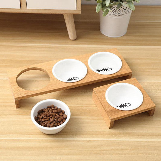 Stylish Bamboo And Ceramic Cat/Dog Feeder Bowls.