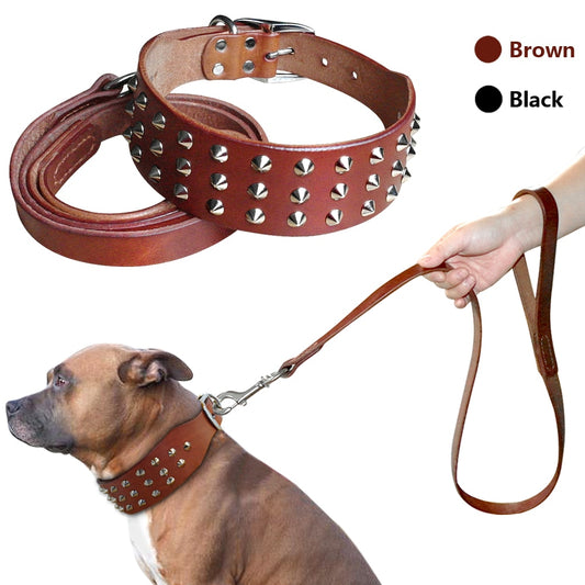 Cool Studded Genuine Leather Pet Dog Collars Leash.