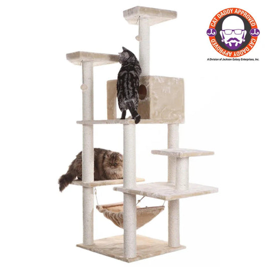 72" Beige Luxury Cat Tree with Hammock and Scratching Posts.