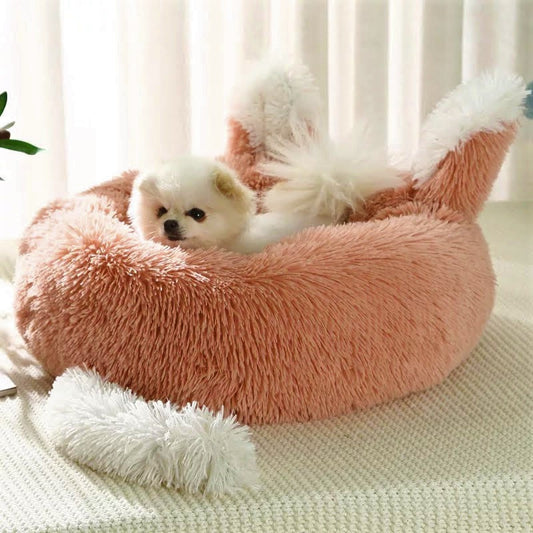 Plush Pet Bed with Ears and Tail for Cats and Small Dogs.